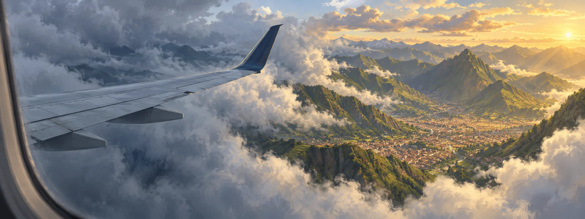 View from an airplane window: the wing over a breaking cloud deck, green Andean ridges and a valley city in late-afternoon light
