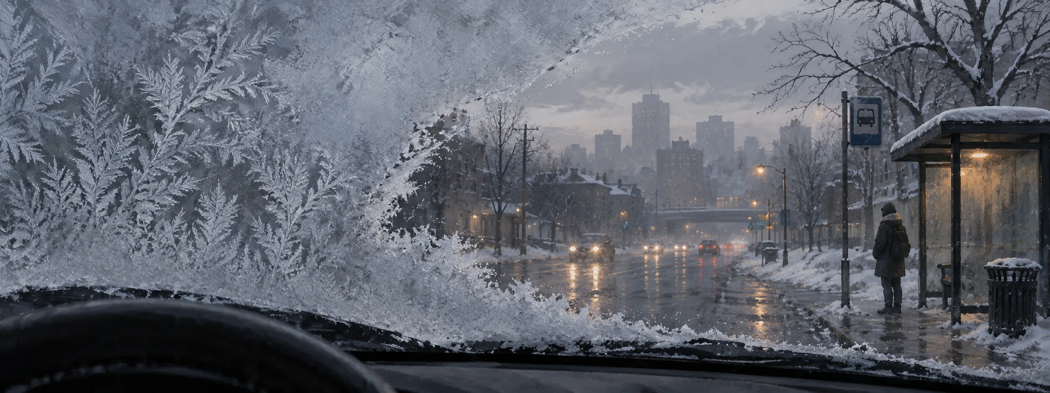 A frosted windshield at dusk, a gray city street, a person waiting at a bus shelter in the snow